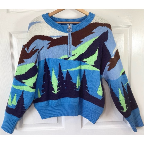 Forever 21 Intarsia Landscape Half-Zip Ski Sweater Double Lined Medium - Picture 3 of 9